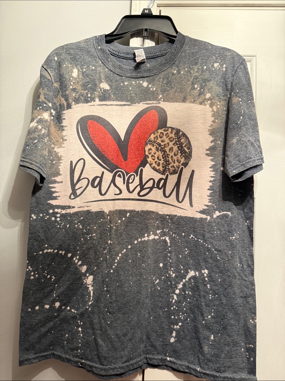 Gildan Gray Tee with Red Heart & Leopard Baseball Graphic